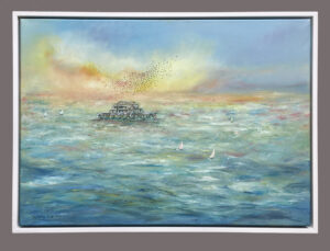 West pier, brighton, seascape painting, starlings, sunset,