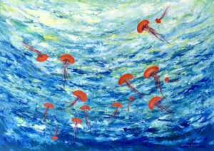 jelly fish, sea, painting, ocean
