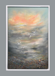 Terns-Flying-Above the Sea-Shore 40x60 oil on canvas. on show at the Claremont Hotel, Brightonwhite wooden framed, oil on canvas. on show at the Claremont Hotel, Brighton