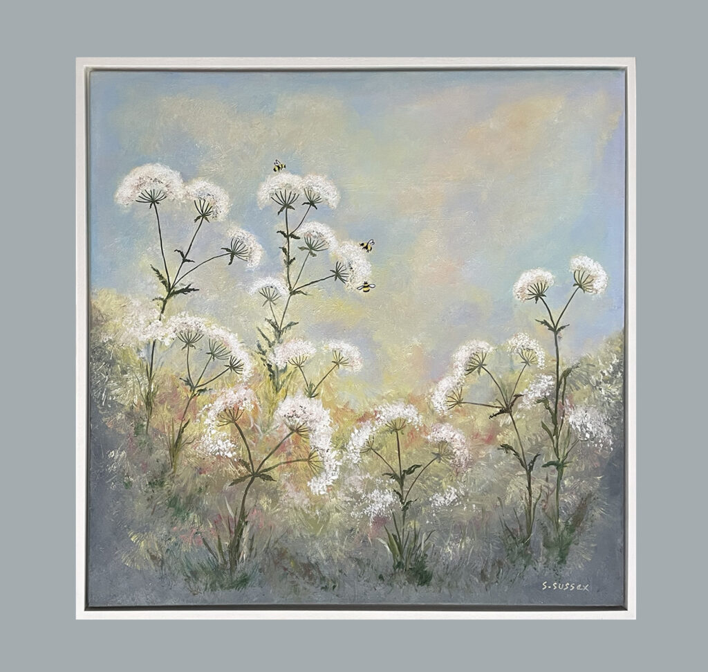 Wild Parsley Flowers and Bees 76x76cm- framed by Serena Sussex